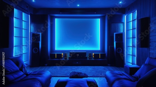 Modern home theater setup with blue led lighting and high end audio