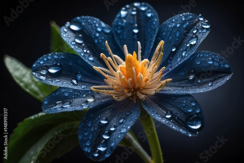 Beautiful totally blue flower with water droplets wallpaper background
