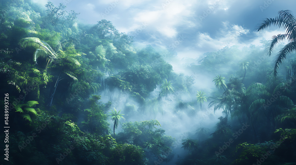 Fototapeta premium Wisps of morning fog enveloping the lush rainforests of the West Coast, captured midjourney