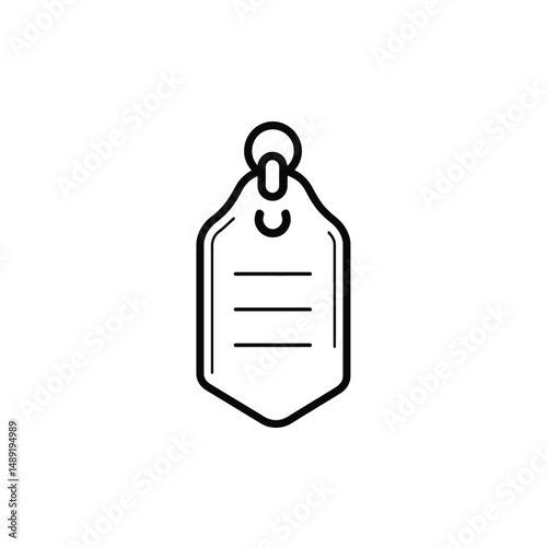 Minimalist tag icon displays black outline with three lines for data entry on transparent background