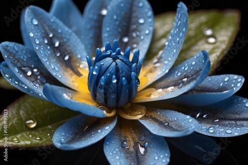Beautiful totally blue flower with water droplets wallpaper background