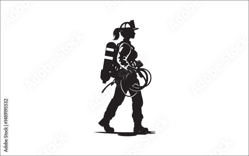 silhouette of a woman. firefighter, silhouette, rescue, emergency, uniform, helmet, hose, truck, team, danger