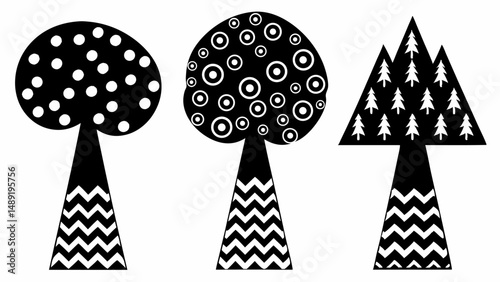 Three stylized black and white trees with different crown patterns and zigzag trunk designs arranged side by side editable vector eps/eps