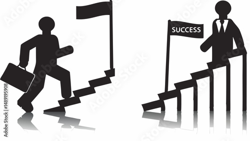 Two figures climbing stairs towards flags one labeled success on a white background illustration editable vector eps/eps