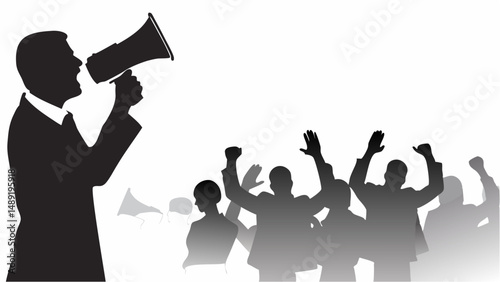 A man with a megaphone addressing a crowd of people with their hands raised in the air in silhouette editable vector eps/eps