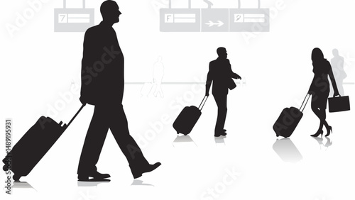 Silhouettes of travelers with luggage in an airport terminal under flight information displays paneling editable vector eps/eps