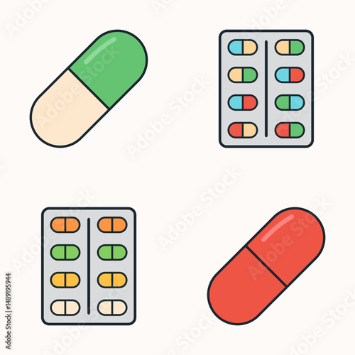 Vector medicine icons showing various drug capsules and packaging layouts for pharmaceutical visuals