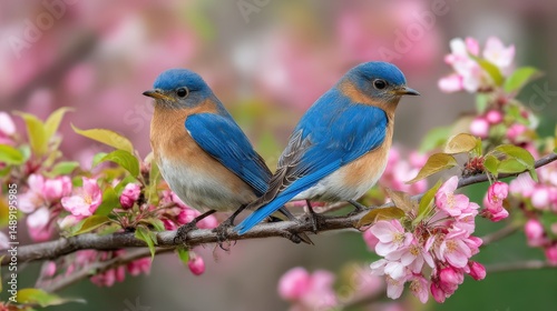 Two eastern bluebirds perched on a branch of flowering cherry blossoms with pink flowers