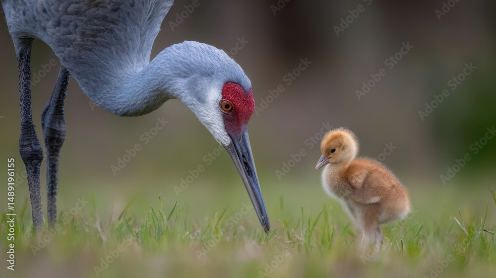 Fototapeta premium Adorable sandhill crane chick looking up at parent bird in natural habitat