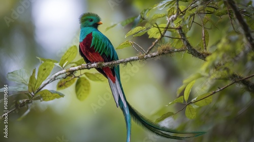 Magnificent resplendent quetzal bird perched elegantly on a branch amidst greenery