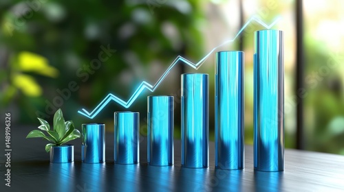 A 3D bar chart with rising blue columns, representing financial growth, business success, and economic trends.