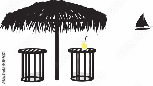 Silhouette of beach umbrella with tables and a drink next to a sailboat on the water in the distance editable vector eps/eps