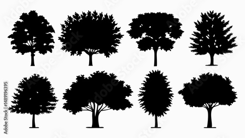 Silhouette illustration showing a variety of different tree shapes and sizes on a white background design editable vector eps/eps