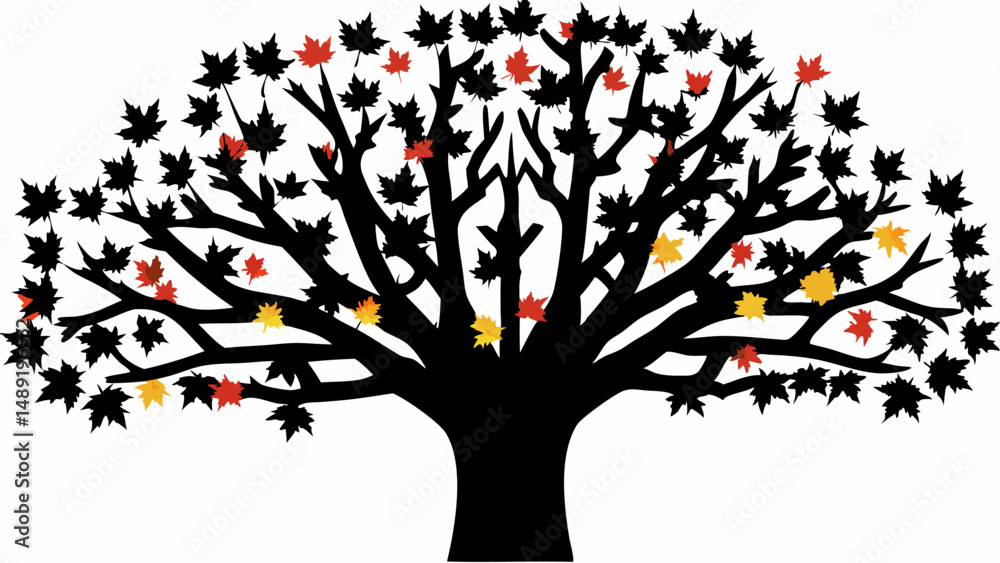 Fototapeta premium Silhouette of a tree with black branches and leaves, some leaves are red and yellow, against white background editable vector eps/eps