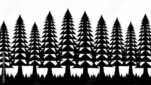 Silhouette of a dense forest with tall pine trees in black and white creating a wintery landscape scene editable vector eps/eps