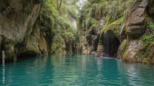 Tranquil scenic view of a narrow canyon with turquoise water and lush greenery