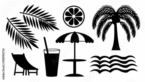 Silhouette illustration of beach scene with palm trees drink and beach chair for summer vacation editable vector eps/eps