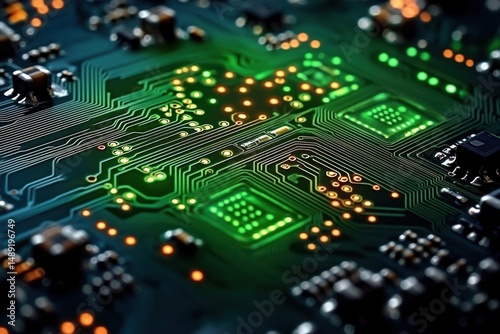 Close-up view of a detailed circuit board with glowing green and orange lights highlighting pathways and electronic components