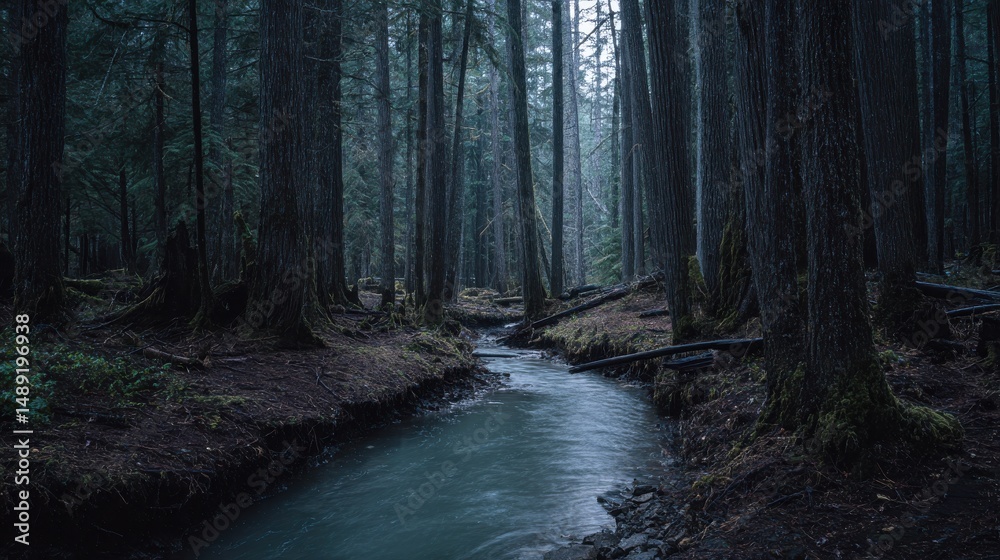 Fototapeta premium Tranquil stream flowing through a dark and moody forest with tall trees