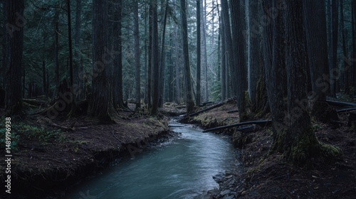 Tranquil stream flowing through a dark and moody forest with tall trees