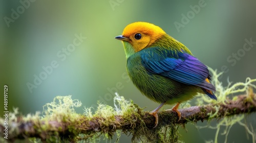 Vividly colored tanager bird perched on a mossy branch in a natural habitat