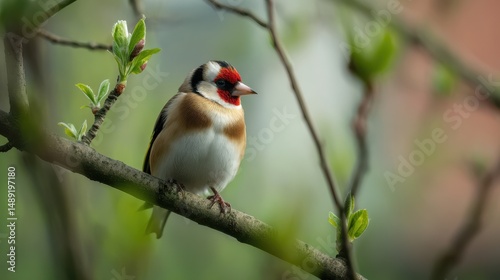 A beautiful european goldfinch perched elegantly on a branch surrounded by greenery