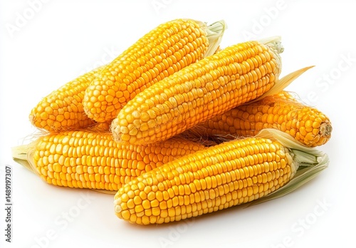 Fresh Yellow Corn Ears Stacked on a White Background