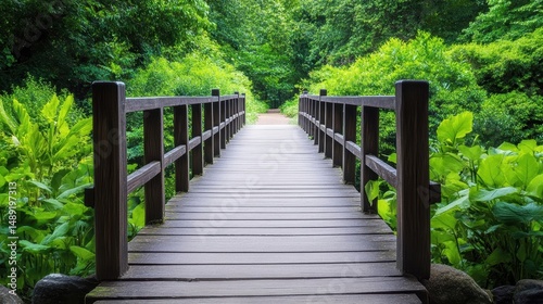 A beautiful wooden bridge surrounded by lush greenery, leading into a tranquil park or nature reserve.