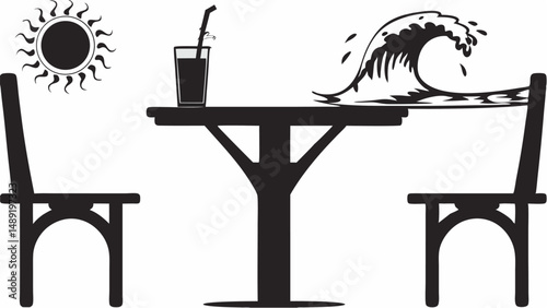 Silhouette of table with drink and chairs under sun and wave creating a beachside atmosphere view editable vector eps/eps
