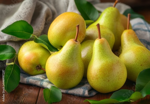 Fresh Green Pears on a Wooden Table with Natural Leaves