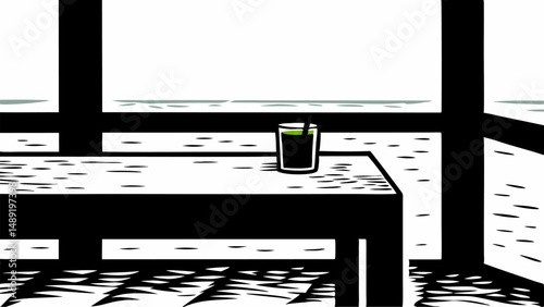 A glass of green juice on a table with a view of the ocean through a window in black and white style editable vector eps/eps
