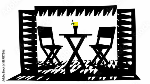 Silhouette of outdoor seating area with table chairs and drink under a patterned awning in black and white editable vector eps/eps