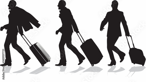 Silhouettes of three men walking with luggage depicting travel and business trip on a white background editable vector eps/eps