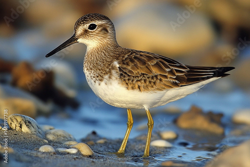 Intimate portrait of a least sandpiper wading gently through shallow water photo