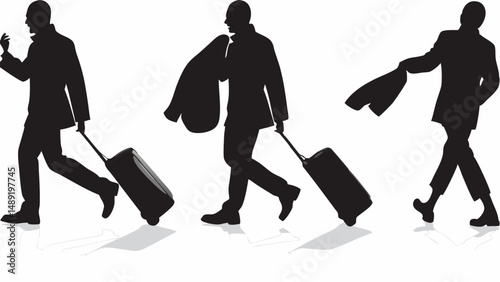Silhouette of three men traveling with luggage and coats in a hurry on a white background scene editable vector eps/eps