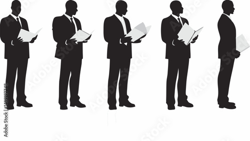 Silhouettes of five men in suits standing and holding open books or documents in their hands reading them editable vector eps/eps