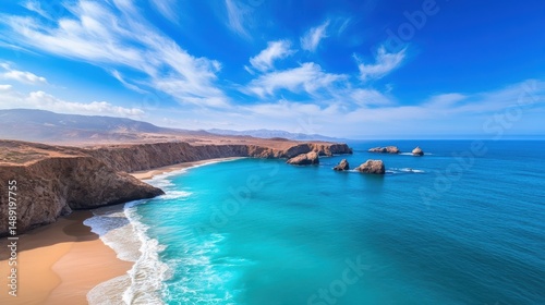 A breathtaking ocean wallpaper showing the coastline from above, with sandy beaches, rocky outcrops, and vibrant blue waters.