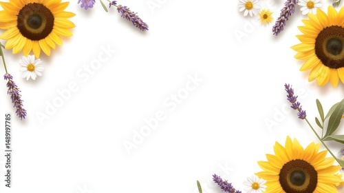 A bright and cheerful frame made of sunflowers, daisies, and lavender flowers, ideal for spring or summer-themed designs.