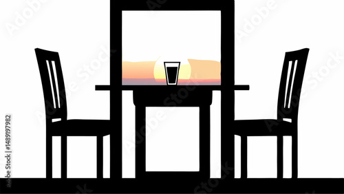 Silhouette of a table with two chairs and a glass with a sunset background visible through frame editable vector eps/eps