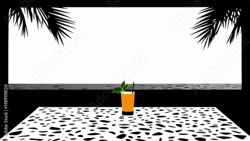 Tropical drink on patterned table with palm trees and ocean view in black and white illustration editable vector eps/eps