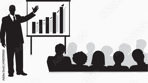 Silhouette of a businessman presenting a bar graph to an audience in a conference room setting shown editable vector eps/eps