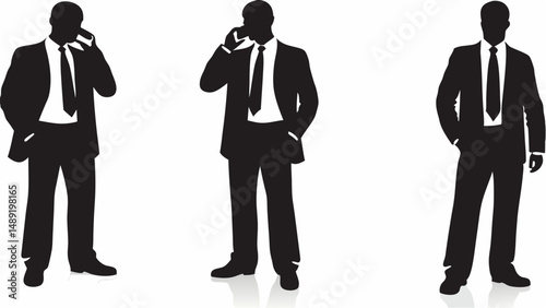 Silhouettes of three businessmen in suits talking on cellphones and standing in different positions editable vector eps/eps