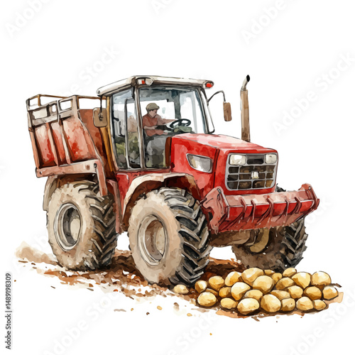 watercolor vector of Small-scale Potato Harvester In Action On A Farm, high quality, isolated on a white background.