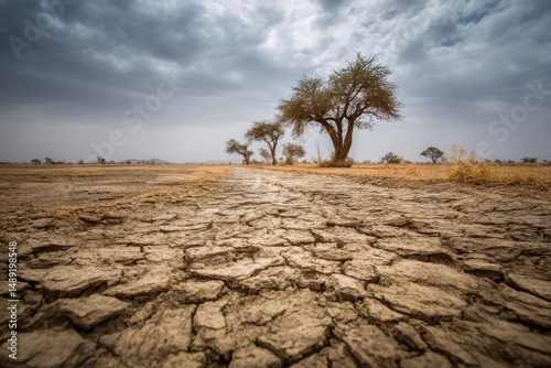 Cracked earth with trees under cloudy sky photo