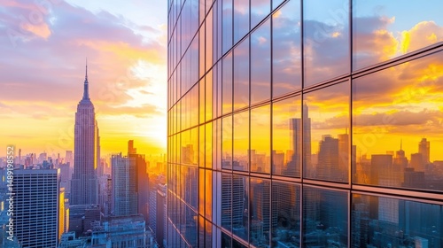 A close-up of the glass facade of an office building reflecting the golden sunset, with the surrounding skyline in the background.