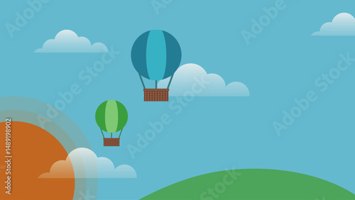 Colorful Hot Air Balloons in Blue Sky with Clouds – Flat Cartoon Vector