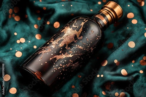 Dark bottle with metallic accents on a teal fabric background. photo