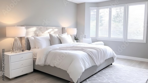 A freshly painted bedroom in a new home with neutral tones, soft linens, and modern furniture, creating a peaceful retreat.