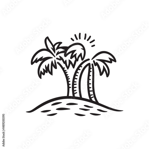 Monochromatic sketch showcases a tropical island landscape with palm trees and the sun shining brightly