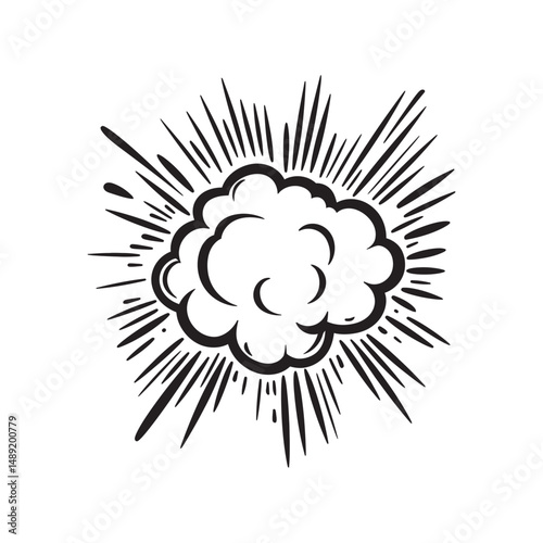 monochrome cloud burst radiates outward, creating an impactful explosion effect on white background